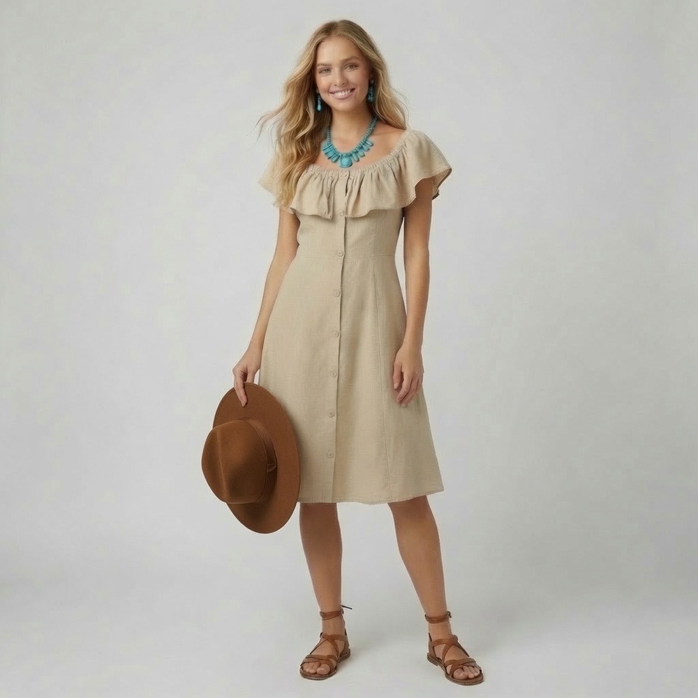 Button Front Dress Medium Tan Ruffle Shoulder Linen Blend BoHo Coastal Cottage‎